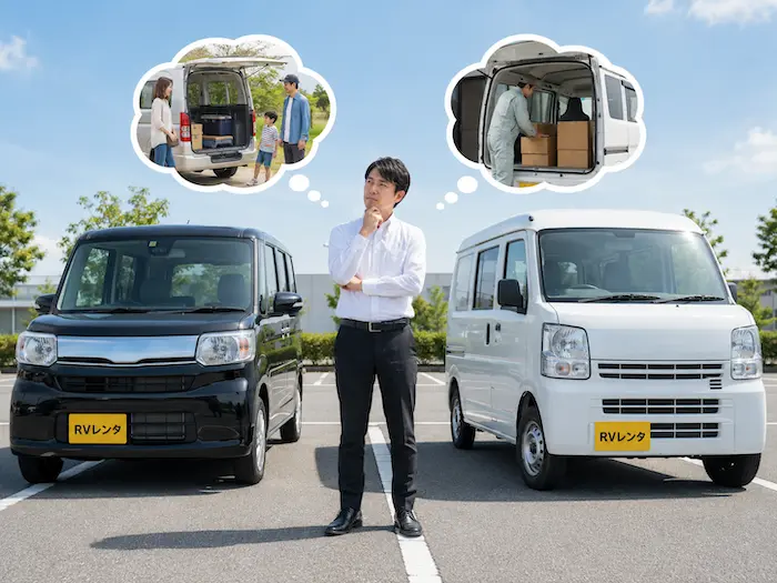 水戸市・茨城町周辺で軽1BOX・軽バンと軽自動車・コンパクトカーの違いを比較するRVレンタのレンタカー案内