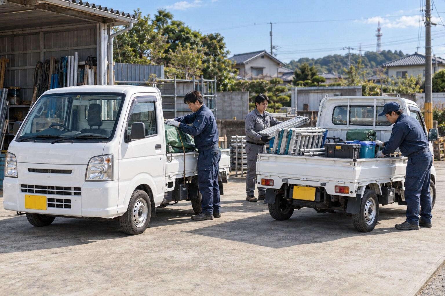 水戸市・茨城町の作業場で一時増車した2台の軽トラックへ道具を積む作業員