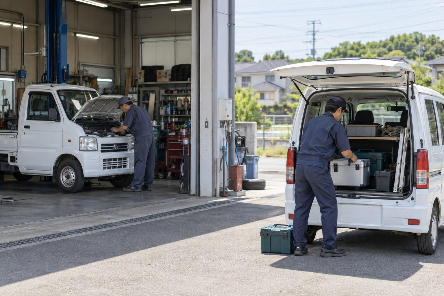 水戸市・茨城町の整備工場で修理中の軽トラックと代替車両へ工具を積む作業員